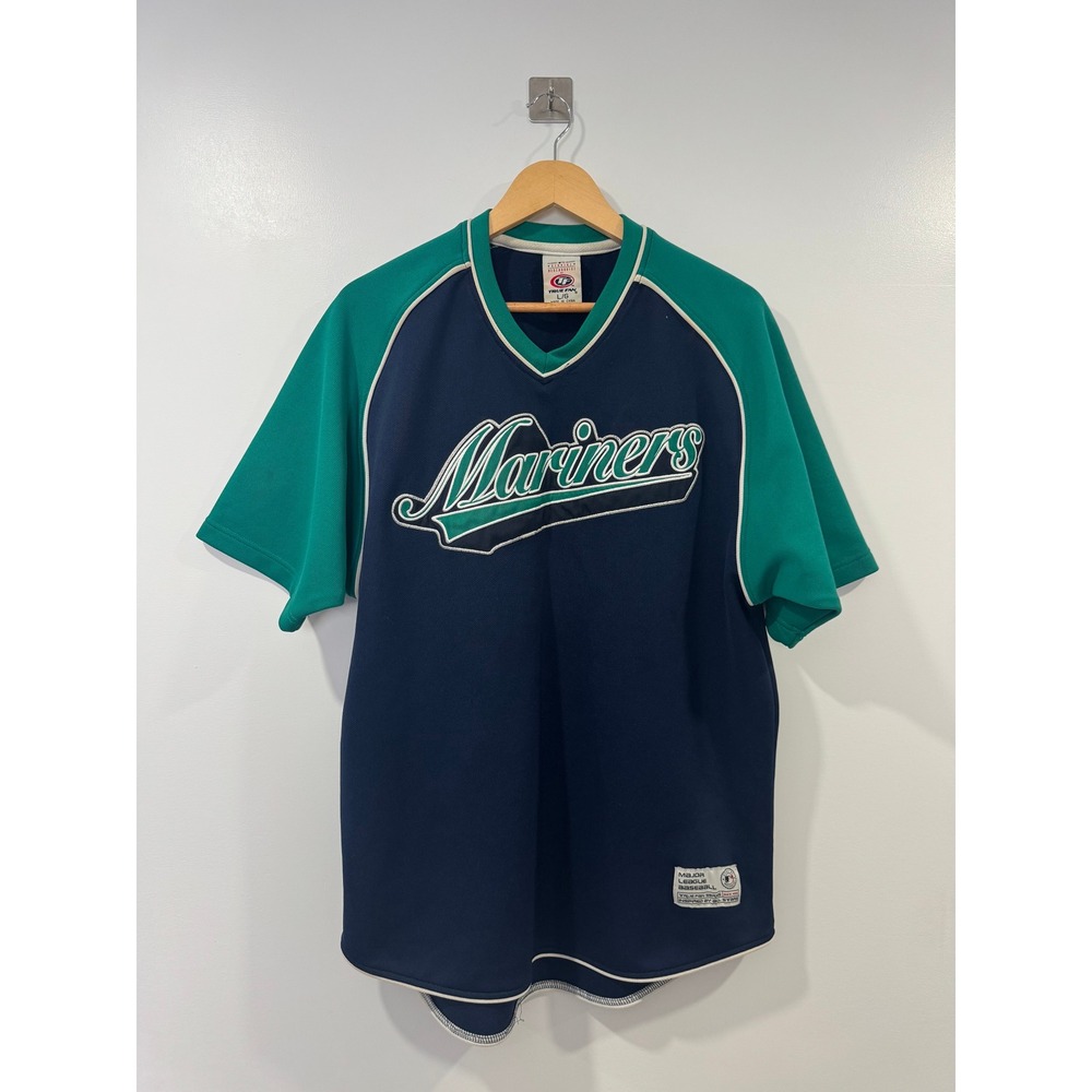 Seattle Mariners True Fan Men Navy Teal Baseball Jersey Mesh V-Neck Large